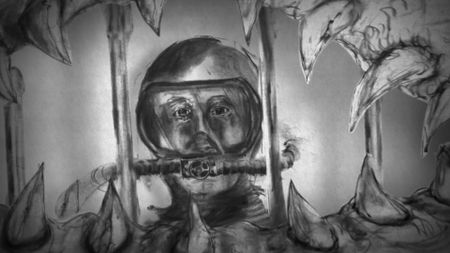 Joe Alves' sketch of Matt Hooper in a cage underwater from the POV of inside the mouth of the shark. (Credit: Joe Alves/Greg Nicotero Archive)