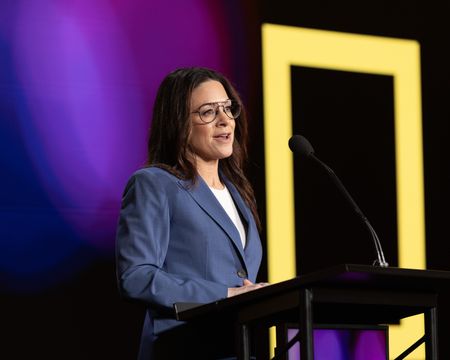 2024 TCA WINTER PRESS TOUR – Courteney Monroe speaks during the National Geographic presentation at the 2024 TCA Winter Press Tour at the Langham Huntington on February 8, 2024 in Pasadena, California. (National Geographic/PictureGroup)