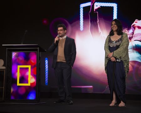 2024 TCA WINTER PRESS TOUR  - Joe Lewis and Smriti Mundhra from the “Legends” panel at the National Geographic presentation during the 2024 TCA Winter Press Tour at the Langham Huntington on February 8, 2024 in Pasadena, California. (National Geographic/PictureGroup)