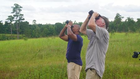 Christian Cooper and Mark Bailey observe the endangered red-cockaded woodpeckers coming back to their pine tree cavities at dusk. (National Geographic for Disney)