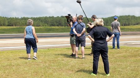 Jo Anne Nissly, camera Charlie Laing, director Chris Parkin, sound recordist Phil Bax, and show runner Karen Edwards on family day. (Credit: National Geographic/Freddie Claire)