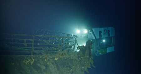 The Juliet ROV scans the bow railing of the Titanic wreck site. (Credit: Magellan Limited/Atlantic Productions)