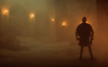 The Praetorian, played by Barry Aird, stands resolute on the beach at Herculaneum, facing the oncoming pyroclastic surge that is about to engulf him. (National Geographic/Darrin Zammit Lupi)