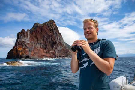Bertie Gregory on board the boat the crew call home for the shoot.  (credit: National Geographic/Jeff Hester)
