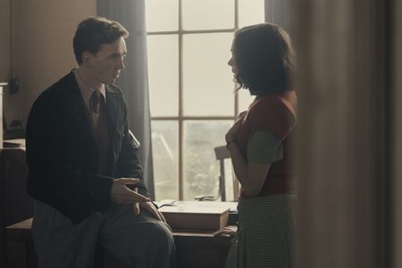 A SMALL LIGHT - Cas, played by Laurie Kynaston, meets with Miep, played by Bel Powley, in the Opekta office as seen in A SMALL LIGHT. (Credit: National Geographic for Disney/Dusan Martincek)