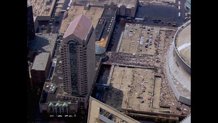 Crowds of stranded New Orleans residents gather at the Superdome following Hurricane Katrina in 2005. (POND5)