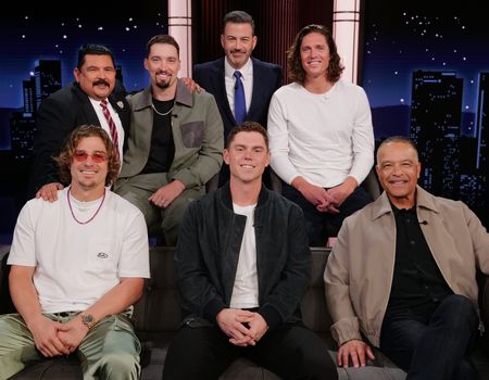 TOP: GUILLERMO RODRIGUEZ, BLAKE SNELL, JIMMY KIMMEL, TYLER GLASNOWBOTTOM: ENRIQUE HERNÁNDEZ, WILL SMITH, DAVE ROBERTS