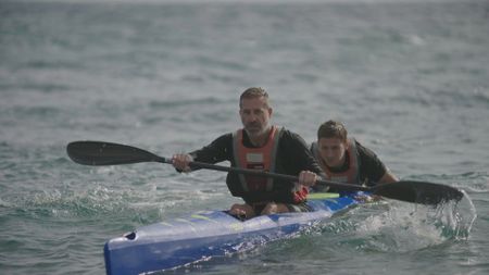 Drama recreation drone shot of Nick Bester and Ben Swart out on the water on surf ski's. (National Geographic/Samuel Gonzalez)
