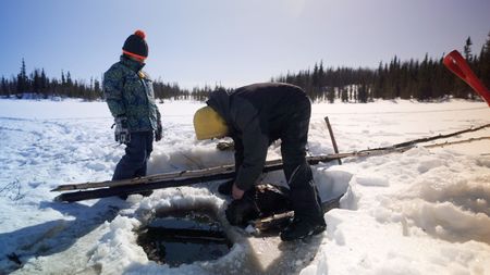 Tig Strassburg beaver trapping with his daughter, Sophie. (National Geographic)