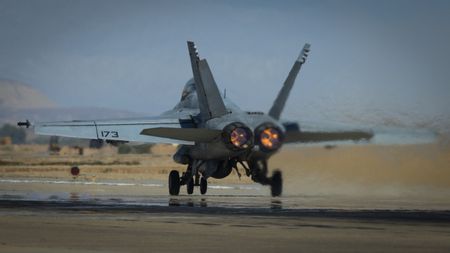 An F-18 comes in to land in El Centro, CA. (Credit: National Geographic/Freddie Claire)