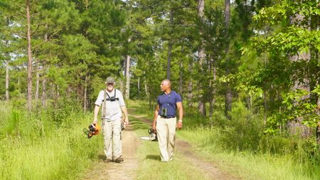 Mark Bailey and Chrstian Cooper prepare to saw into a pine tree to fix up a home for the endangered red-cockaded woodpecker. (National Geographic for Disney)