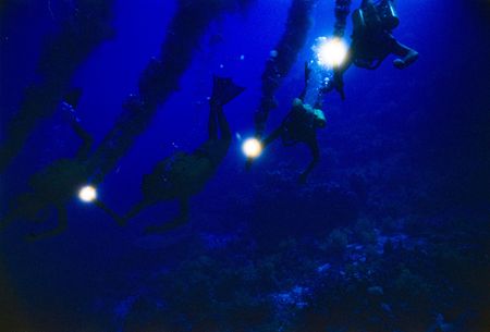 BECOMING COUSTEAU - Calypso crew members dive in dark waters. (Credit: National Geographic/Luis Marden)