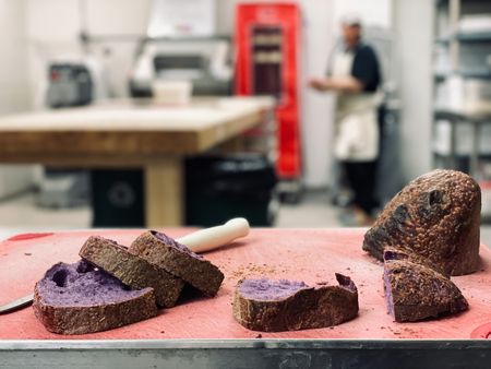Baker Z Anderson's ube loaf is ready to be savored at Rize Up Bakery in San Francisco. (National Geographic/Ryan Rothmaier)