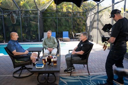 Behind-the-scenes as John McLoughlin, John Busching, and Scott Fox are reunited after many years. McLoughlin was trapped in the rubble of the World Trade Center for 22 hours after 9/11, and Busching and Fox were two of the people who helped rescue him.  (National Geographic/Harrison Cooney)