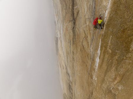Mikey Schaefer and Alex Honnold sort a belay point on the Pool wall. (photo credit: National Geographic/)