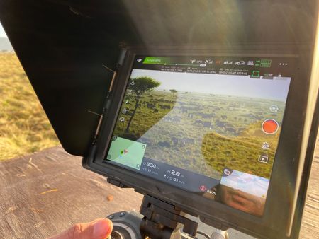 Drone Operator Barny Trevelyan-Johnson sets up a shot of the herds grazing in Masai Mara. (National Geographic for Disney/Charlie Luckock)