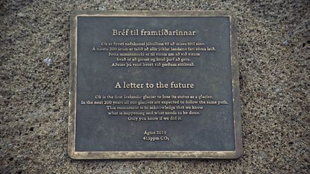 The bronze glacier memorial plaque in Okjokull.  (credit: National Geographic)