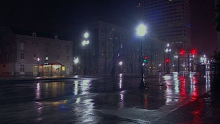The empty streets of downtown New Orleans as Hurricane Katrina makes landfall. (ABC News Videosource)
