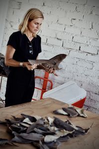 Mariana van Zeller examines dried and cut shark fins in Mexico. (National Geographic)