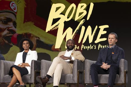 2024 TCA WINTER PRESS TOUR  - Barbie Kyagulanyi, Moses Bwayo and John Battsek from the “Bobi Wine: The People’s President” panel at the National Geographic presentation during the 2024 TCA Winter Press Tour at the Langham Huntington on February 8, 2024 in Pasadena, California. (National Geographic/PictureGroup)
