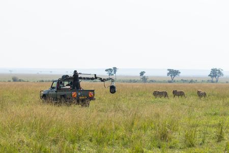 Faith Musembi operates the GSS rig as the crew films Kio and his brothers walking across the landscape. (National Geographic/Hannah Gormley)