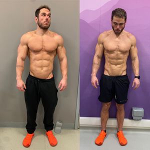 Ross Edgley's tiger shark challenge. Images shows before and after 24 hours with no food, water or sleep, and continuous exercise. (National Geographic/Nathalie Miles)
