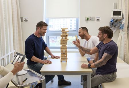 Chris Hemsworth sets out to confront his chronic pain in a bold, immersive journey through South Korea. Guided by pain expert Dr. BJ Miller, he explores ancient healing traditions and cutting-edge science. Chris and his mates are subjected to pain to determine if they are able to experience more pain while having fun playing a game. (credit: National Geographic/Evan Paterakis)