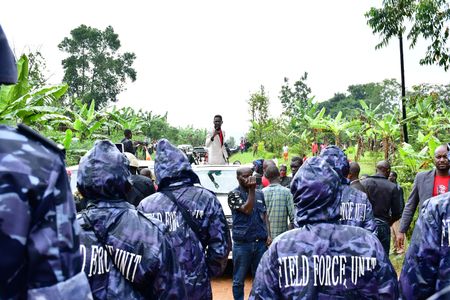 Bobi Wine lashes at the Ugandan security personnel who stopped him from getting to the location of his campaign event in Mbale District, Eastern Uganda, November 15, 2020. (photo credit: Lookman Kampala)