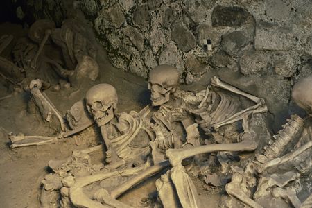Human remains inside of the boat sheds at Herculaneum, where people took shelter from the eruption of Mt. Vesuvius. (National Geographic/Paolo Verzone)