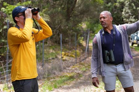 Christian Cooper and Bret Nainoa Mossman look for rare forest birds at the Pu'u Maka'ala Natural Area Reserve. (National Geographic for Disney/Troy Christopher)